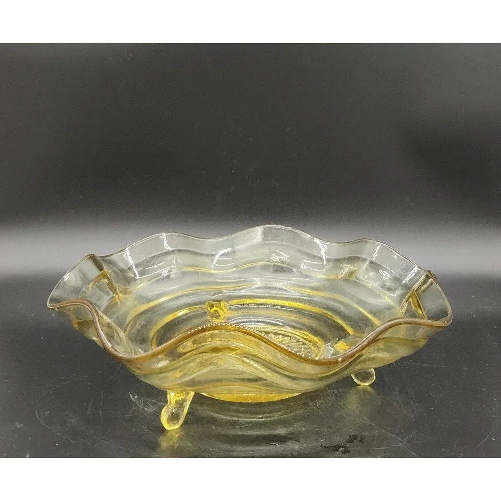 Lancaster Topaz Yellow 3 Toed ElegantCenterpiece, Fruit Bowl-Ruffle Ribbon Sides